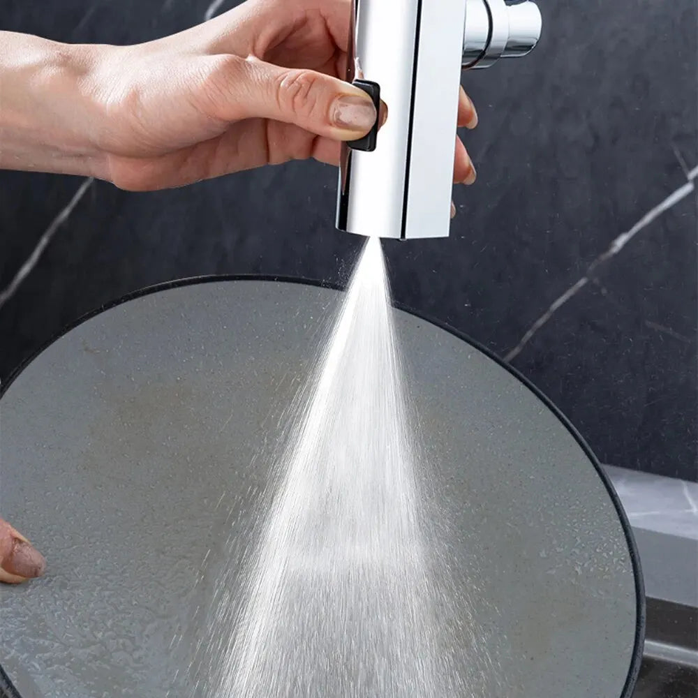 Feiyu three-level waterfall universal faucet extension device showcasing water flow, with a hand adjusting the rotatable nozzle against a dark backdrop.