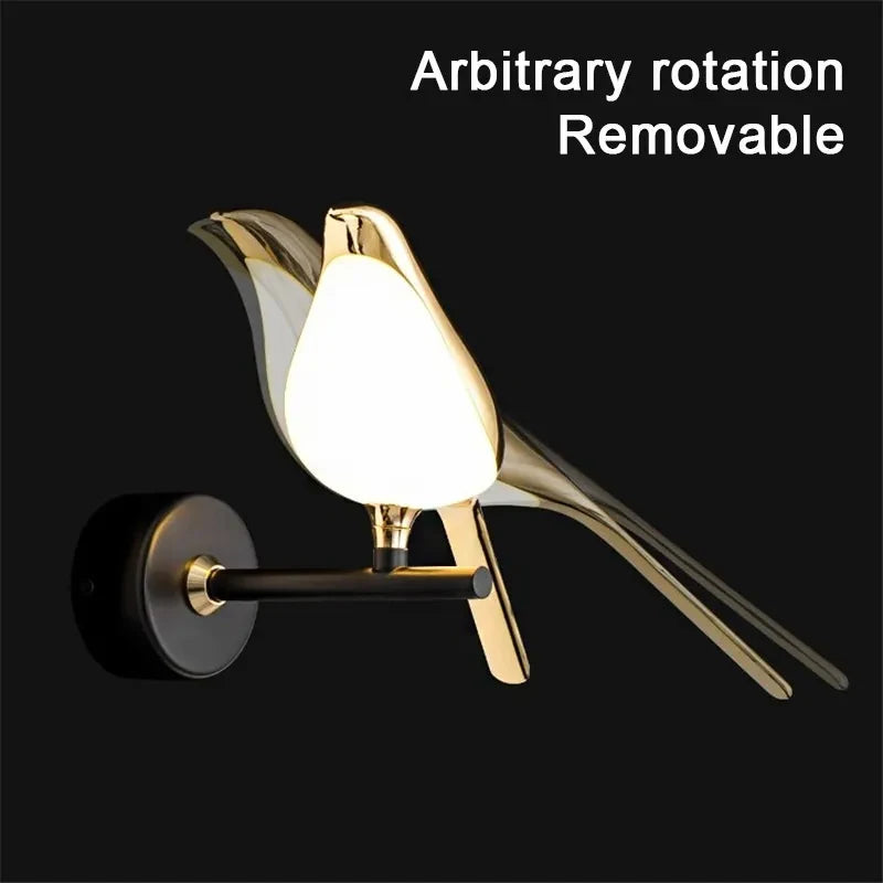 Nordic Golden Bird LED Wall Light with arbitrary rotation and removable features, ideal for bedrooms and living rooms.