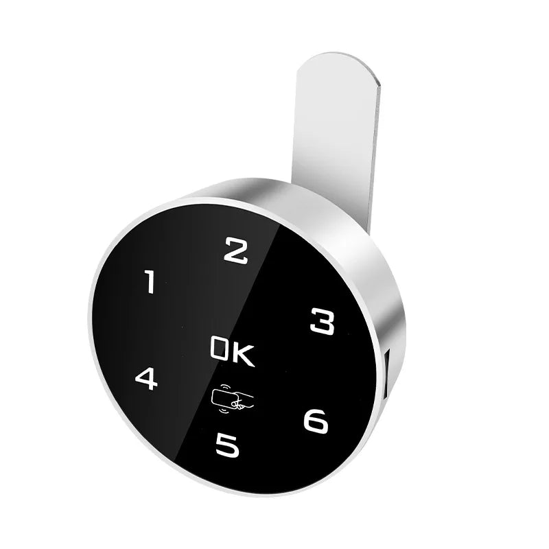 Touch keypad digital password RFID IC card lock with numbers 1-6 and OK button, sleek silver and black design for cabinets and drawers.