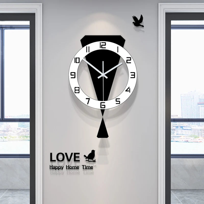 Luxury black and white swinging wall clock with decorative bird element for living room or restaurant entrance.