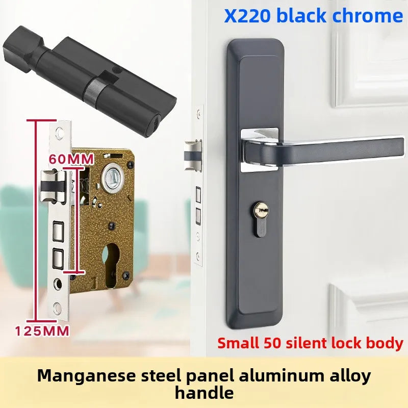 Complete Door Lock Set for Indoor Bedroom, Black Bathroom Solid Wood Handle Silent Home Door Lock, Includes Lock Body and Core