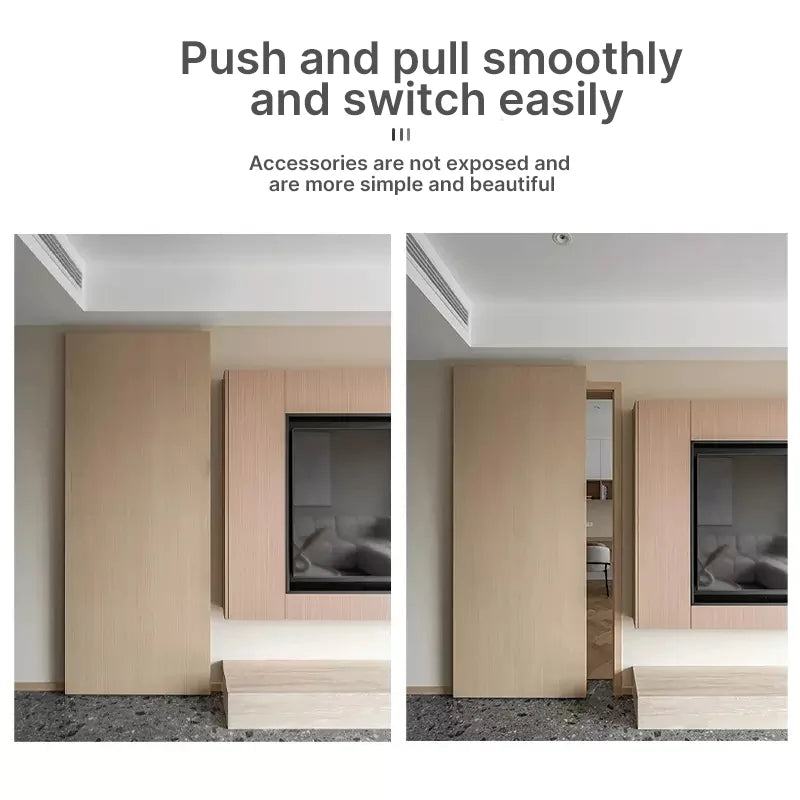 Hidden Wooden Door Ghost Door Track Hardware with 80kg Load Bearing, for Door Widths 700mm-1500mm, shown in a modern interior setting.