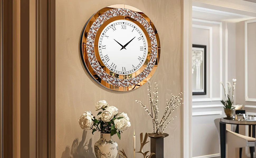 Silver,Tawny Tinted Round Mirror ,24inch Crystal Sparkle Twinkle Bling Crush Diamond Large Mirrored Wall Clock for Living Room