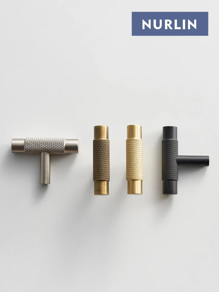 Nurlin Solid Brass Knurled Cabinet Knobs Wardrobe Handle T-bar Antique Bronze Gold Black Handle Available In Multiple Sizes