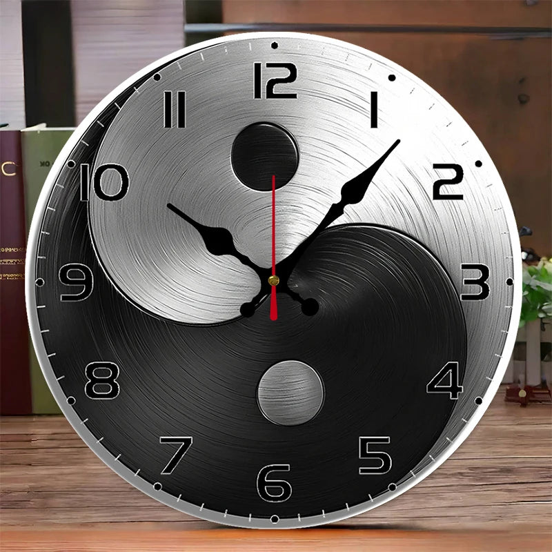 Yin Yang Metal Design Wooden Round Silent Hanging Wall Clock, Suitable For Living Room,Office,Study Room,Bedroom,Home Decoration