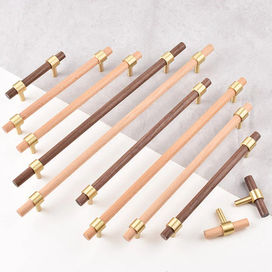 Nordic Beech Walnut Wooden Handle Drawer Knobs Wardrobe T Bar Long Handle Cupboard Knob Kitchen Cabinet Pulls Furniture Hardware