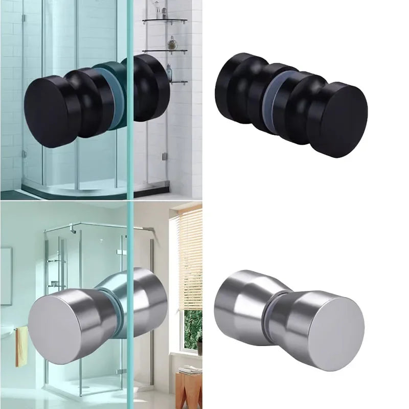 Modern aluminum alloy glass door knobs in black and silver with installation screws, shown on a shower door and standalone.