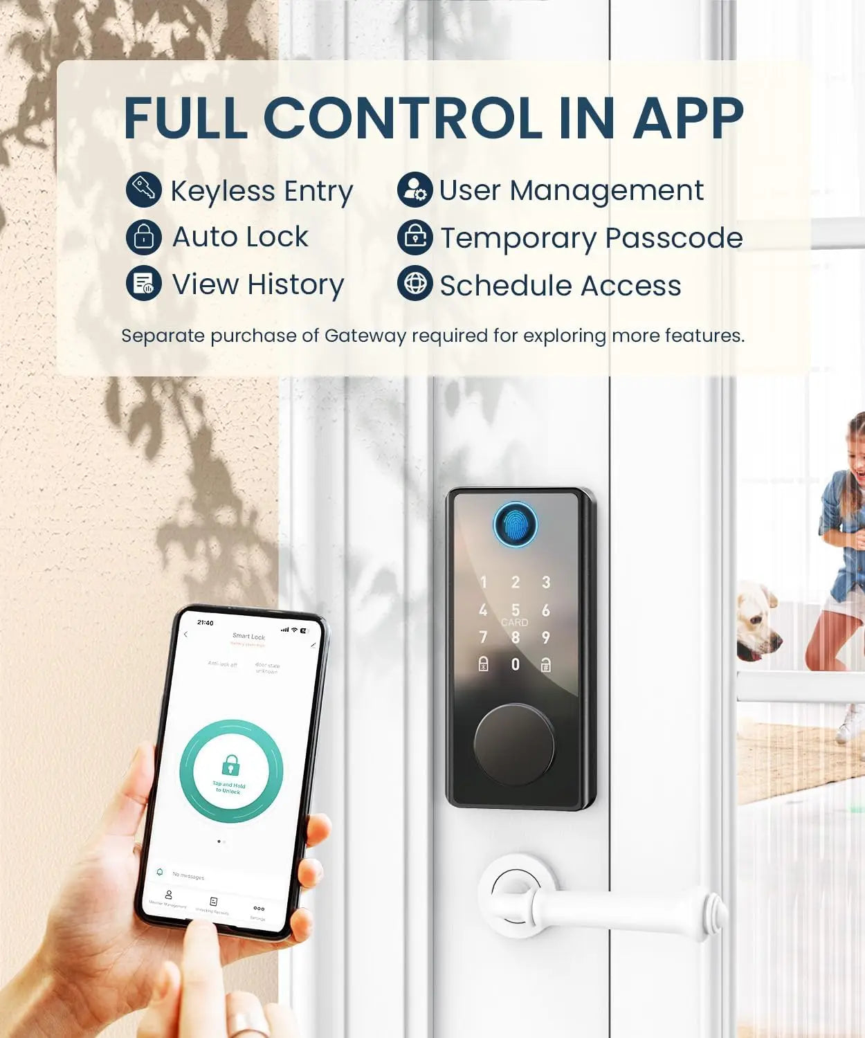 Fingerprint smart door lock with electronic keypad and smartphone app control, offering keyless entry and auto lock features.