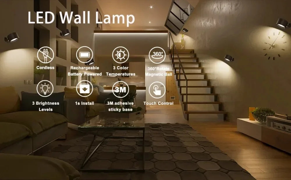 LED Wall Sconces light, 3 Brightness Levels 3 Color Modes Wall Lights Battery Operated 360° Rotatable Touch Control Wall lamp