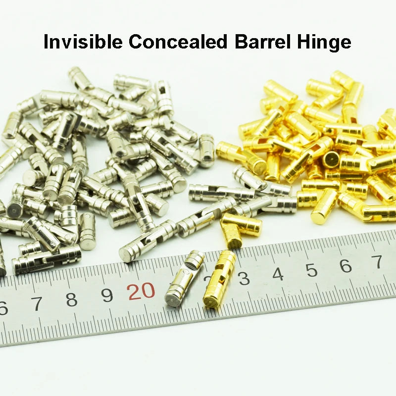10Pcs Copper Barrel Hinges in brass and silver for concealed cabinet and jewelry box applications, displayed with a ruler for scale.