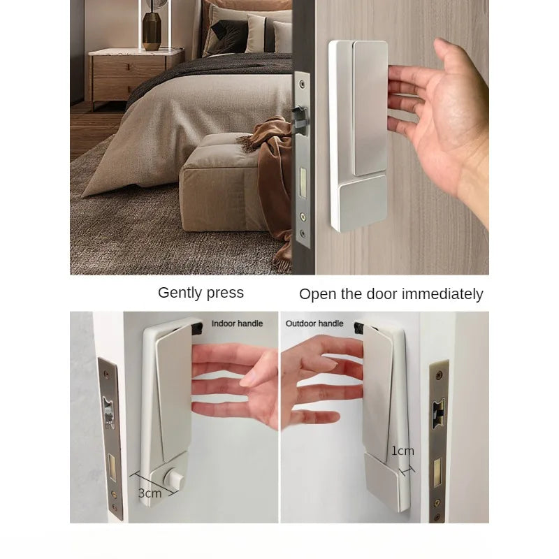 Advanced invisible security lock with silent magnetic suction, ideal for indoor bedroom and bathroom doors, shown in a modern bedroom setting.