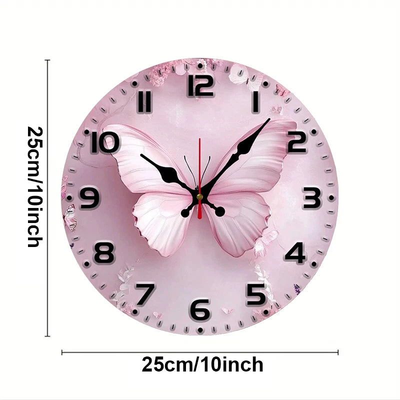 Pink Butterfly Wooden Round Silent Hanging Wall Clock, 25cm, with black numbers and hands, ideal for home decoration.