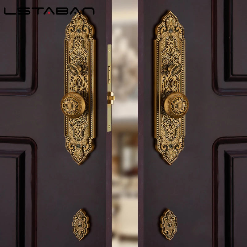 Premium European villa door lock with ornate gold-toned design and intricate detailing on a dark wooden door.