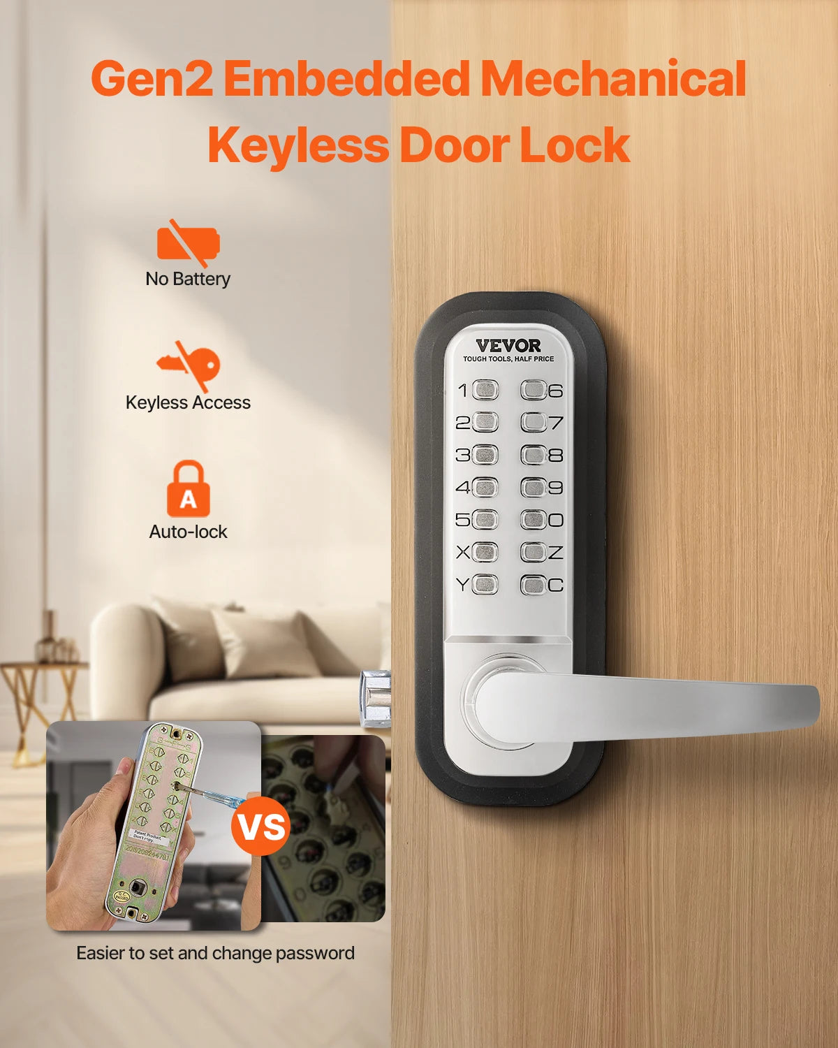 SucceBuy Mechanical Keyless Entry Door Lock 14 Key Mechanical Door Lock Mechanical Keypad Door Lock Handle Stainless Steel Lock