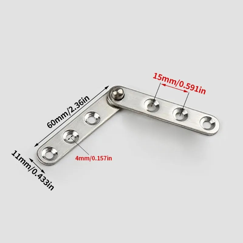 Rotating hinge with dimensions, featuring screw holes and pivot point for cabinets and furniture.