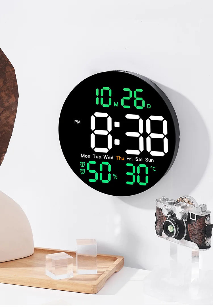 10 inch simple living room wall clock with control temperature humidity date week display countdown clock LED alarm clock