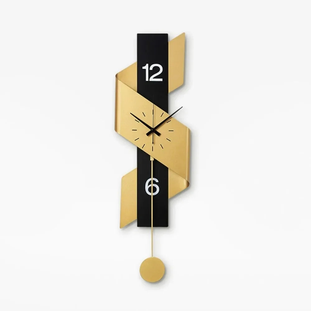 Modern Decorative Wall Clock with Pendulum - Elegant Black and Gold Ribbon Design, Battery Operated, Iron Construction