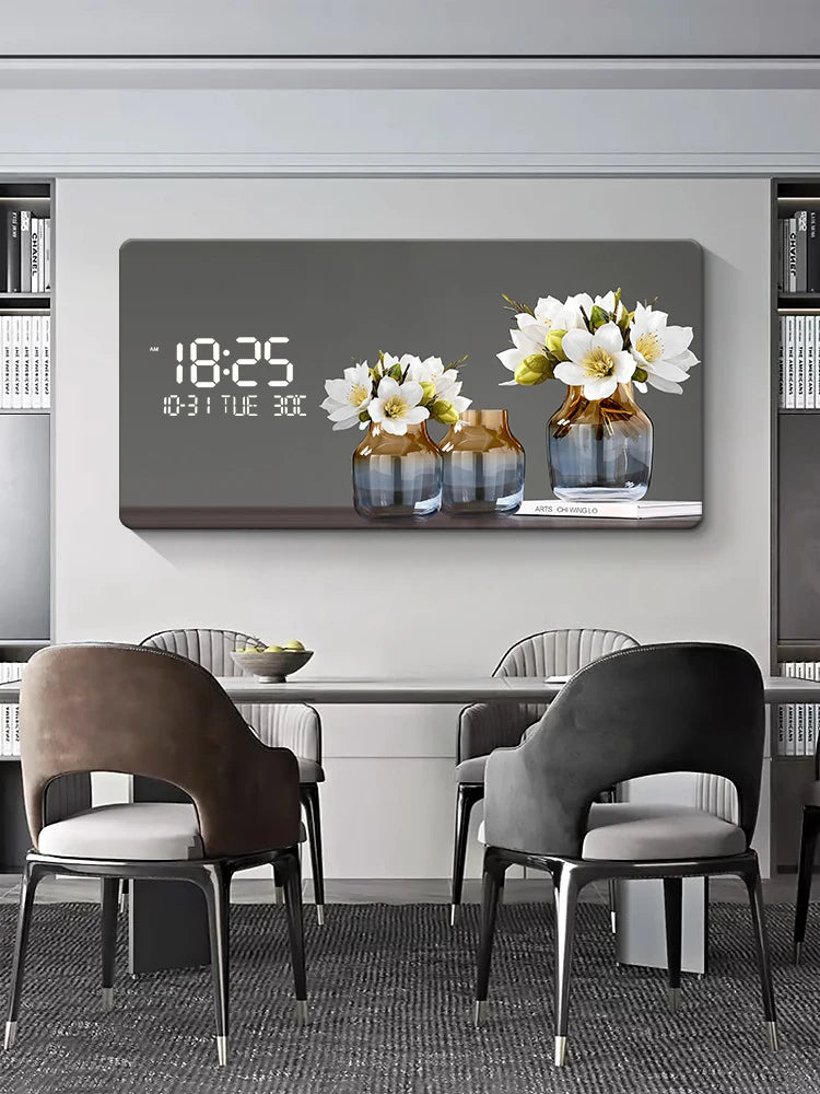 Large Size Flower Pattern Digital Wall Clock with LED Light,Creative Luxurious Muted Quartz Wall Clock for Home Decoration