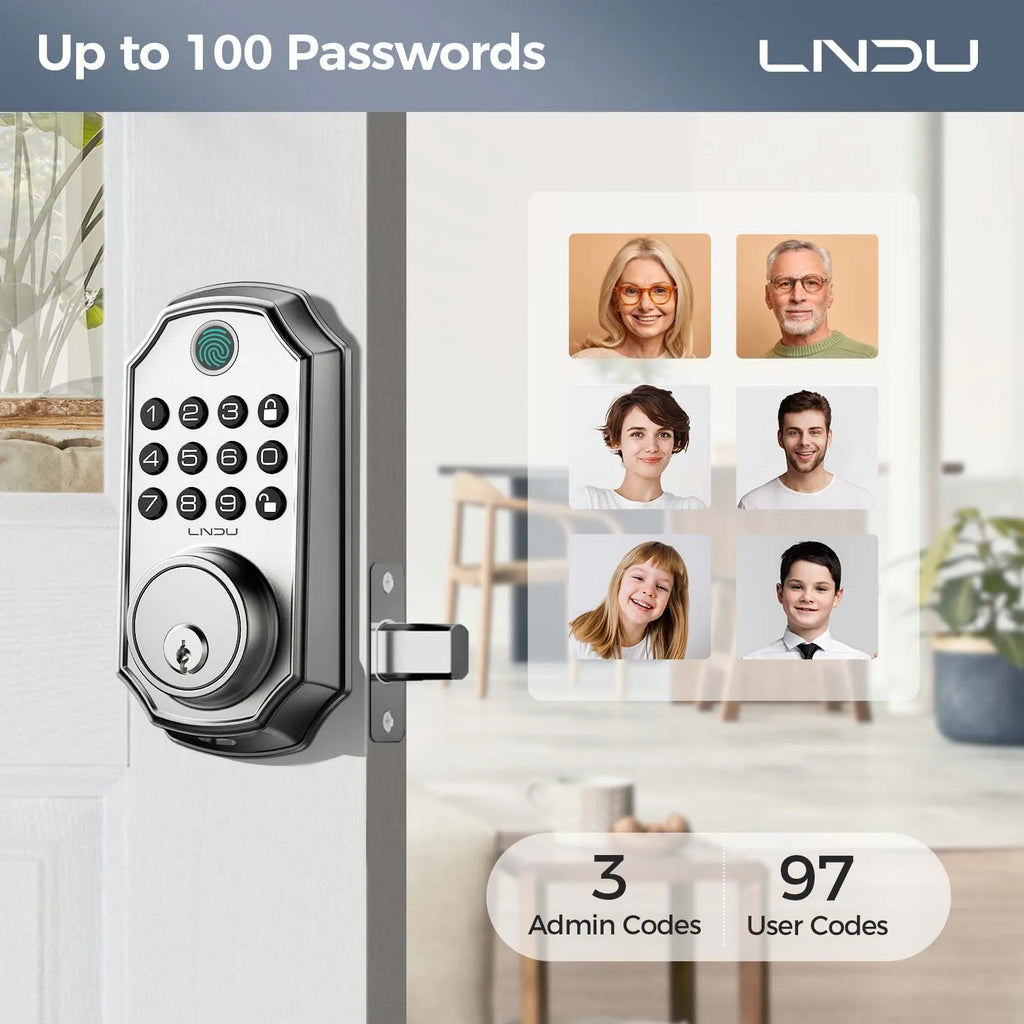 LNDU Smart Door Lock D280L with Fingerprint and Keypad, supports 100 passwords, shown on a white door with user management display.