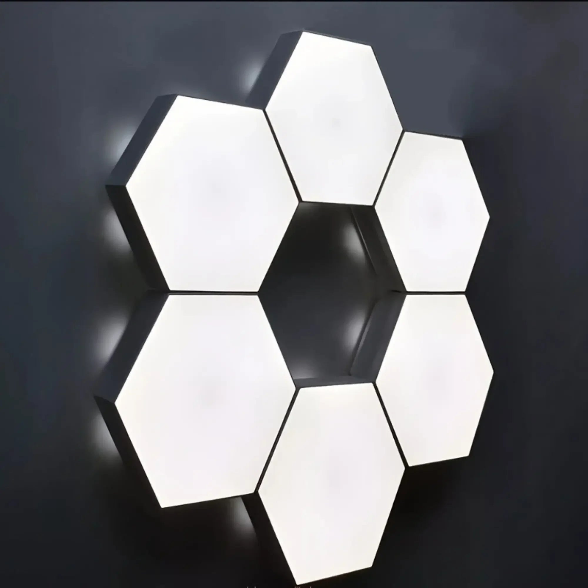 Hexagonal touch LED wall lights in a 6-pack configuration emitting neutral white light against a dark background.