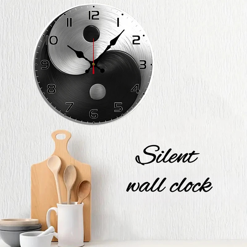 Yin Yang Metal Design Wooden Round Silent Hanging Wall Clock, Suitable For Living Room,Office,Study Room,Bedroom,Home Decoration