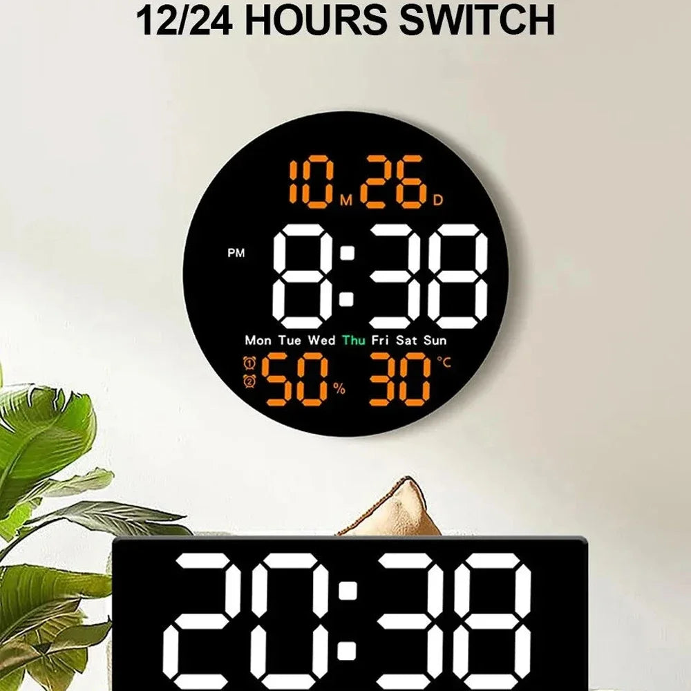 10 inch simple living room wall clock with control temperature humidity date week display countdown clock LED alarm clock