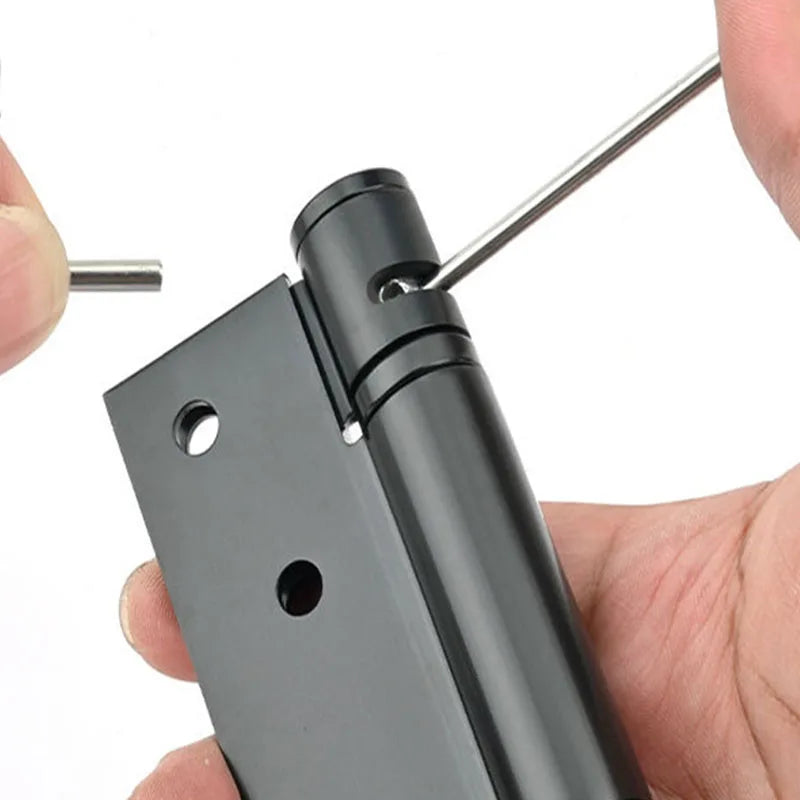 Stainless steel door hinge showing smooth pivot mechanism and multiple screw holes for secure attachment.