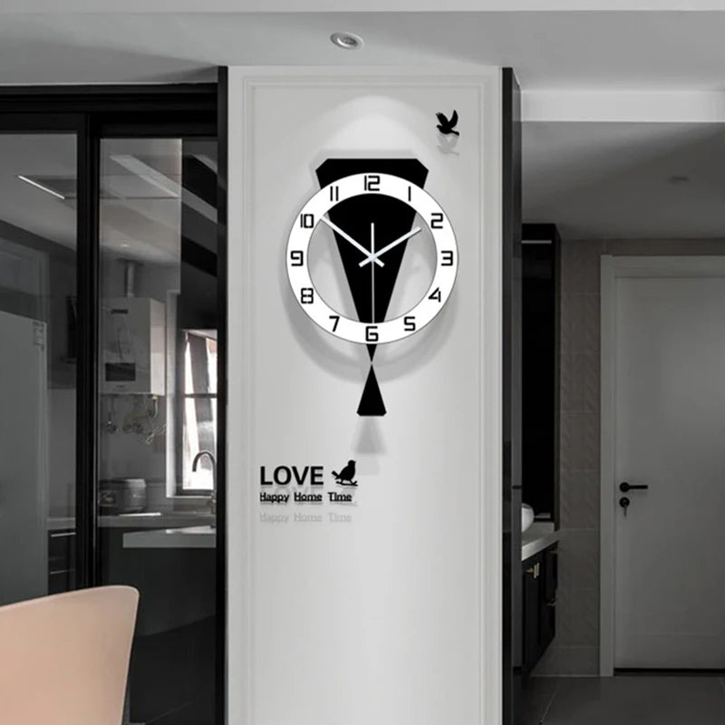 Modern black and white swinging wall clock with geometric design and 'LOVE Happy Home Time' text for luxury home decoration.