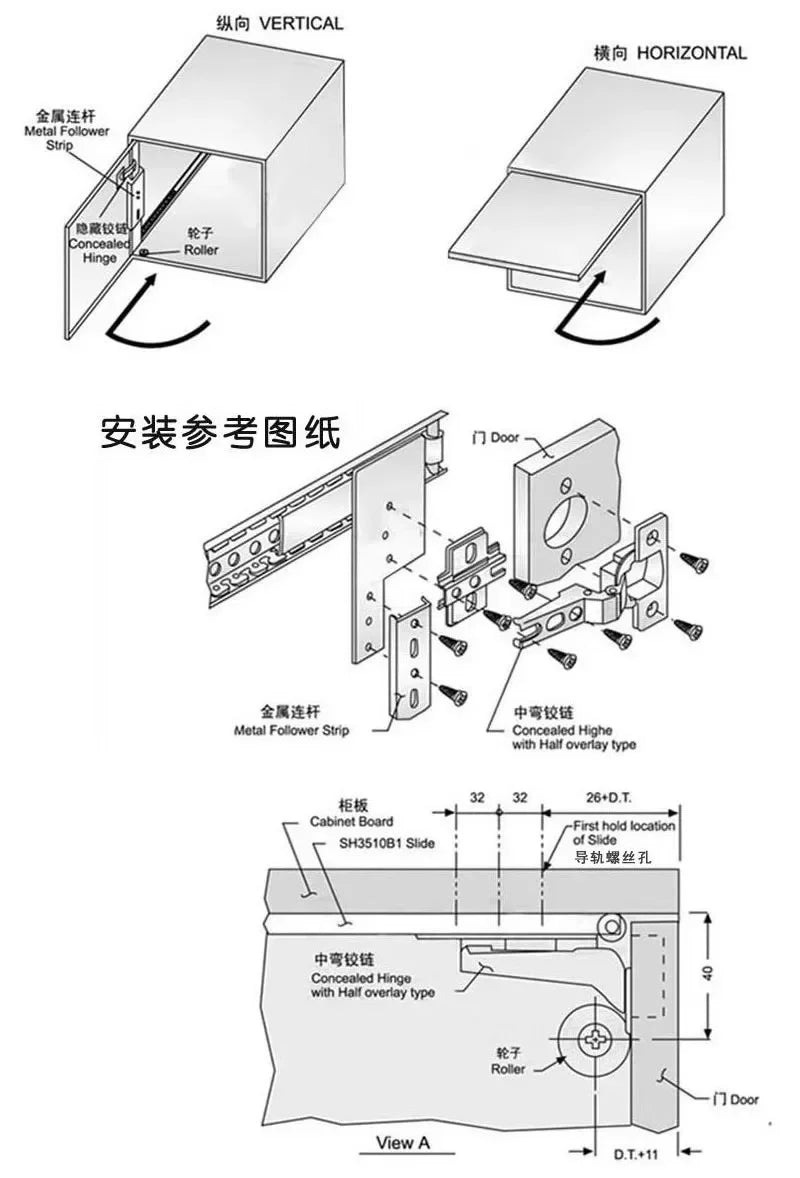 Diagram of hidden swing door slide rail with vertical and horizontal configurations, showing concealed hinge, metal follower strip, and roller mechanism.