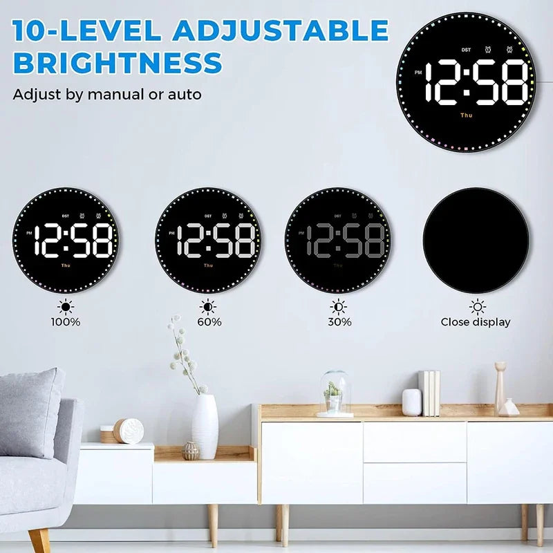 10 inch simple living room wall clock with control temperature humidity date week display countdown clock LED alarm clock