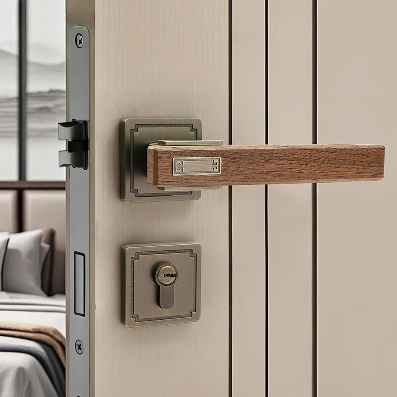 Chinese Style Indoor Household Bedroom Door Lock Magnetic/silent Split Walnut Wood Door Handle Lock