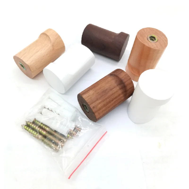 Set of modern minimalist coat hooks in walnut, white, and natural wood, wall-mounted with included hardware.