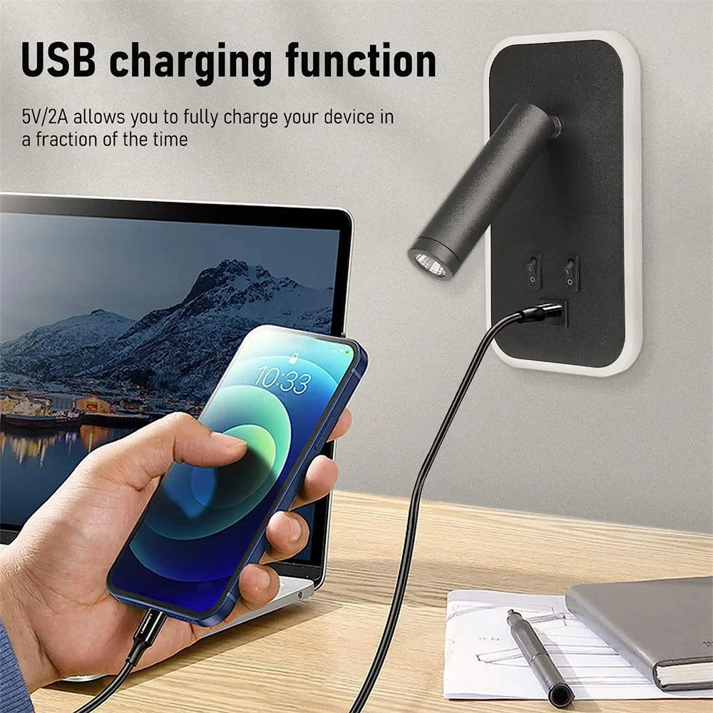LED Wall lamp and Reading light,Multifunctional Wall Sconces with USB Port,LED Wall Lamp with Bedside Night light for Bedroom