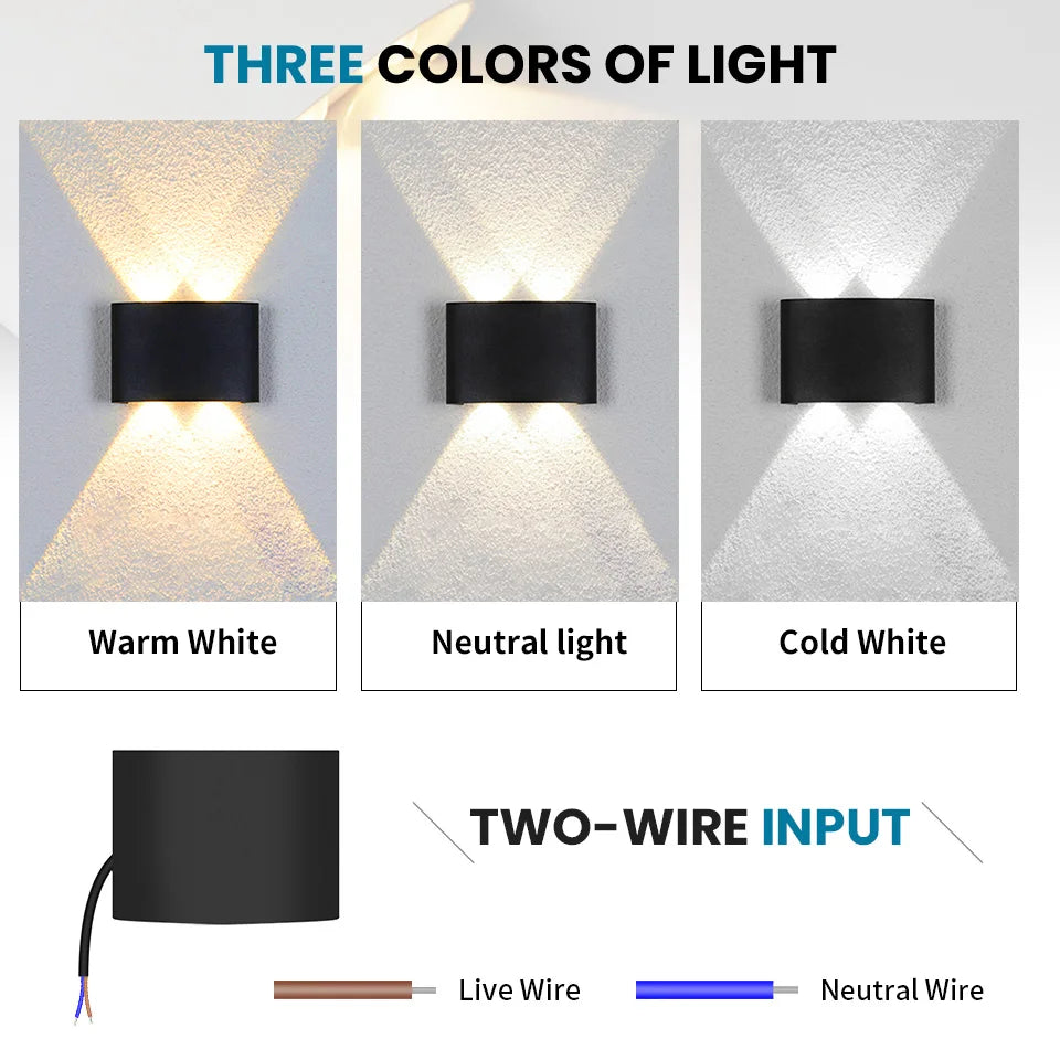 LED Wall Lamp Outdoor Waterproof IP66 with three light colors: Warm White, Neutral Light, Cold White, featuring a two-wire input system for garden, bedroom, living room, and stairs lighting.