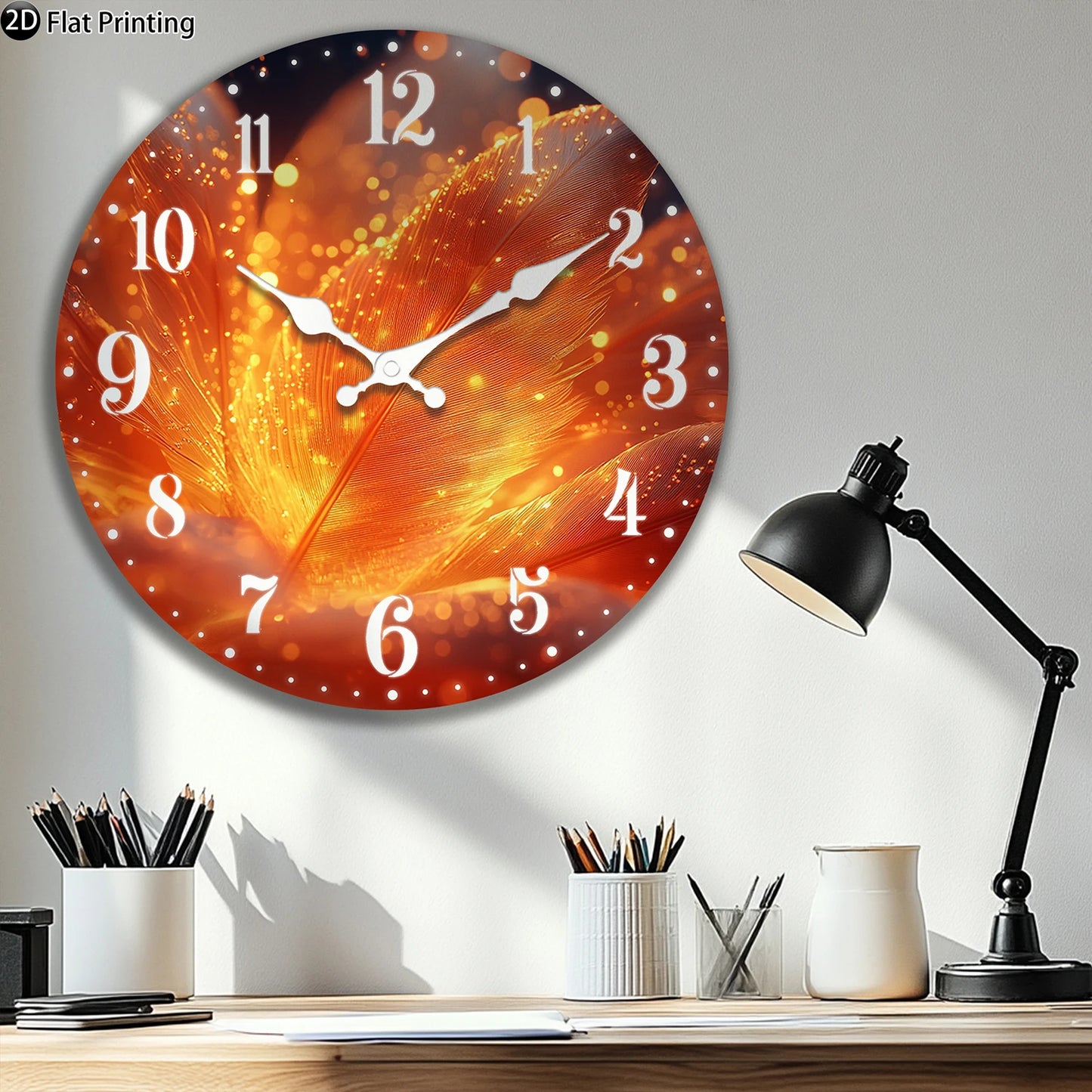 Wooden Silent Wall Clock Abstract glowing feathers Quartz Analog Clock for Bedroom Bathroom Halloween New Year Gift