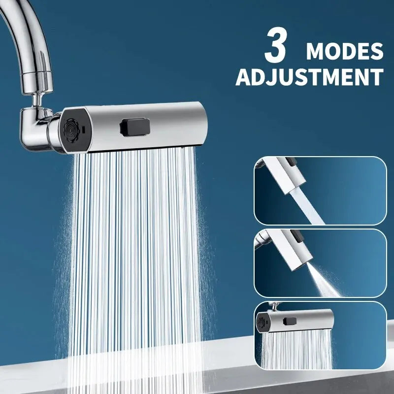 Feiyu Three Level Waterfall Universal Faucet Extension Device showcasing three adjustable water modes with a chrome finish.