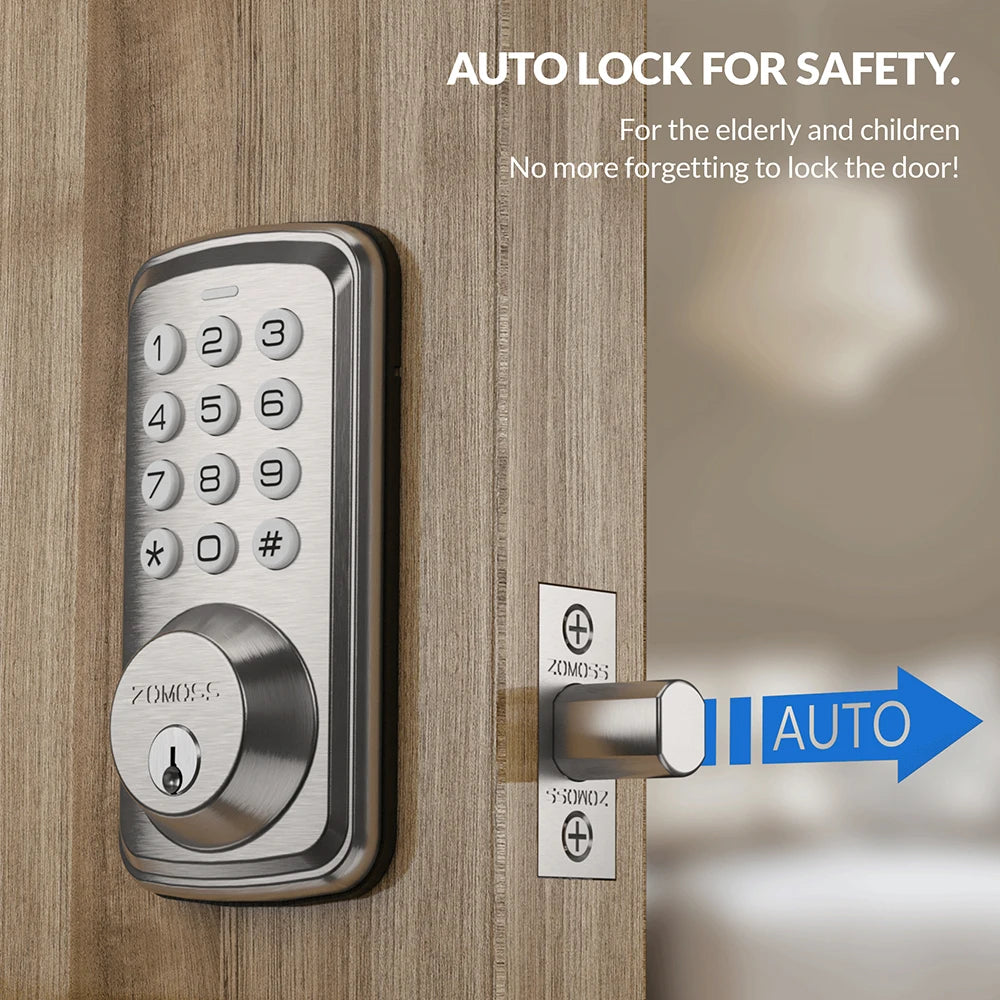 ZOMOSS Smart Keypad Door Lock with digital code entry and auto lock feature, installed on a wooden door.