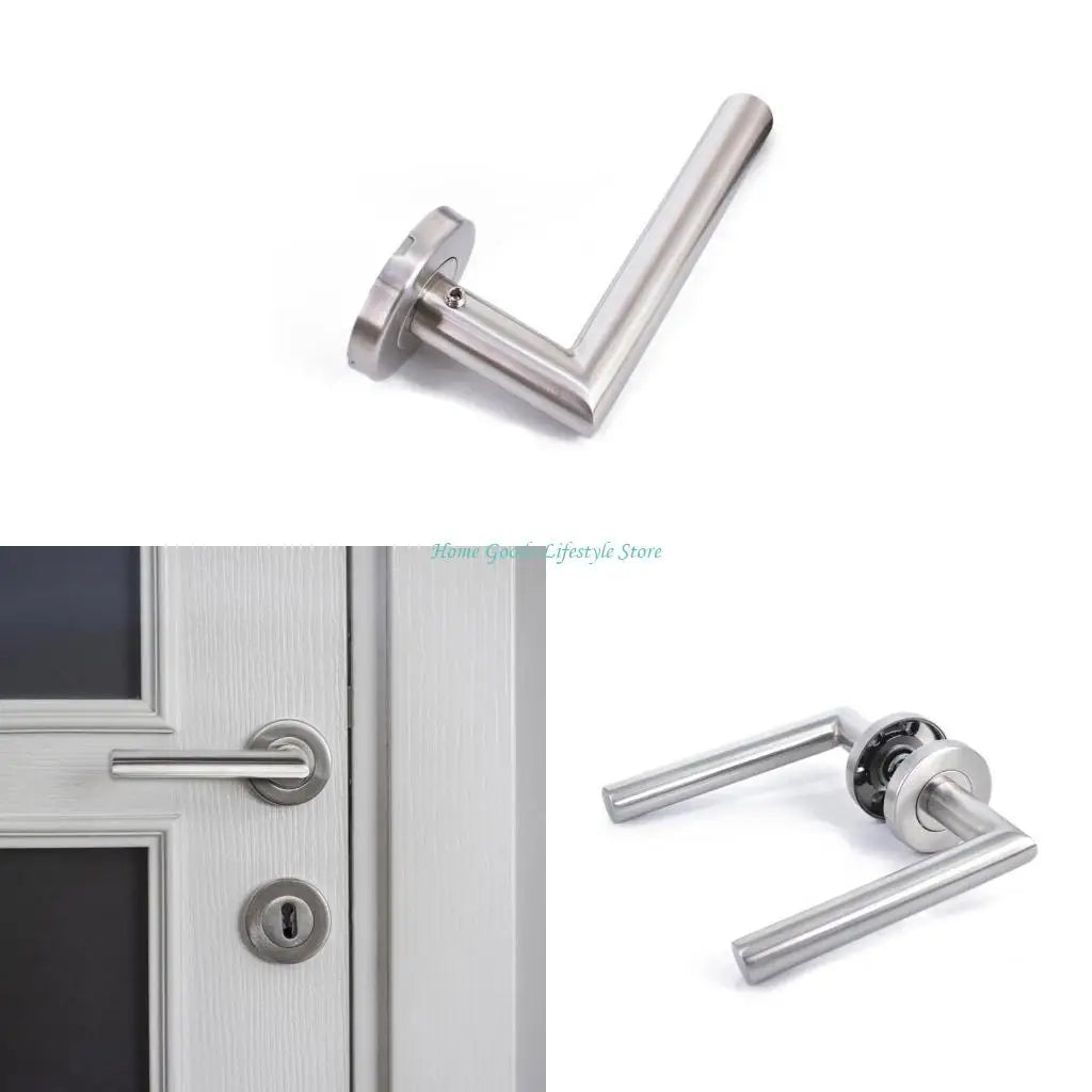 Premium zinc alloy door handle set with brushed metal finish, shown in close-up and installed on a door.