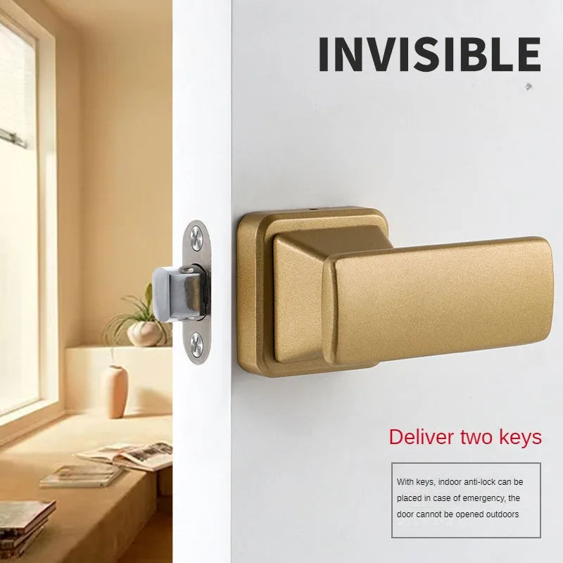 Gold invisible door handle with anti-backlock on a white wooden door, includes two keys, modern home interior visible.