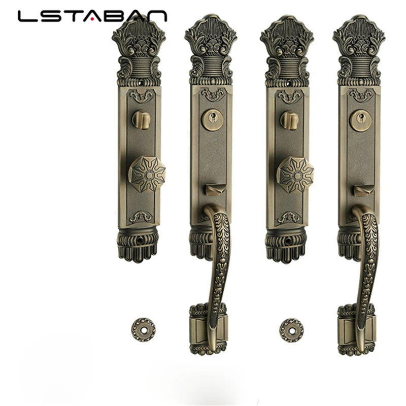 Premium European villa door lock set with antique brass finish and intricate design.