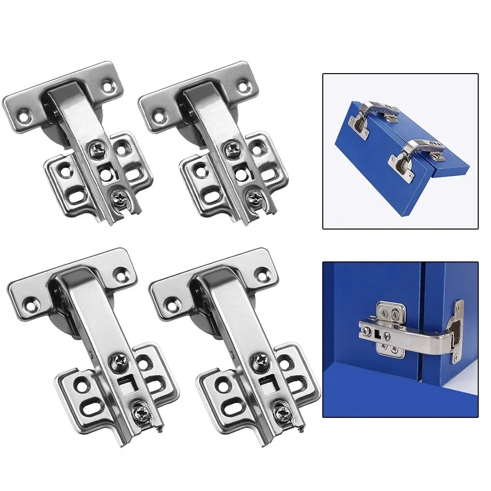 2pcs 90 Degree Hydraulic Buffer Hinges for Kitchen Cabinet Doors, shown with installation examples on a blue cabinet.