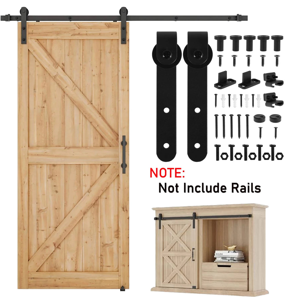 Sliding barn door hardware kit with J shape hangers and mounting hardware for 4/5” to 1-1/8” wide doors. Note: Rails not included.