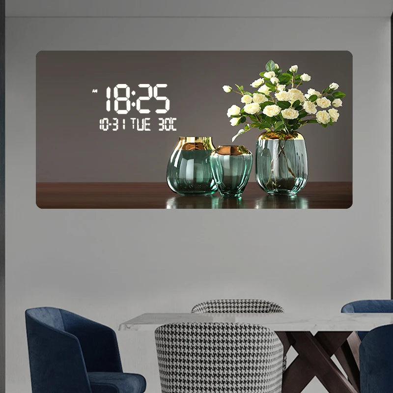 Large Size Flower Pattern Digital Wall Clock with LED Light,Creative Luxurious Muted Quartz Wall Clock for Home Decoration