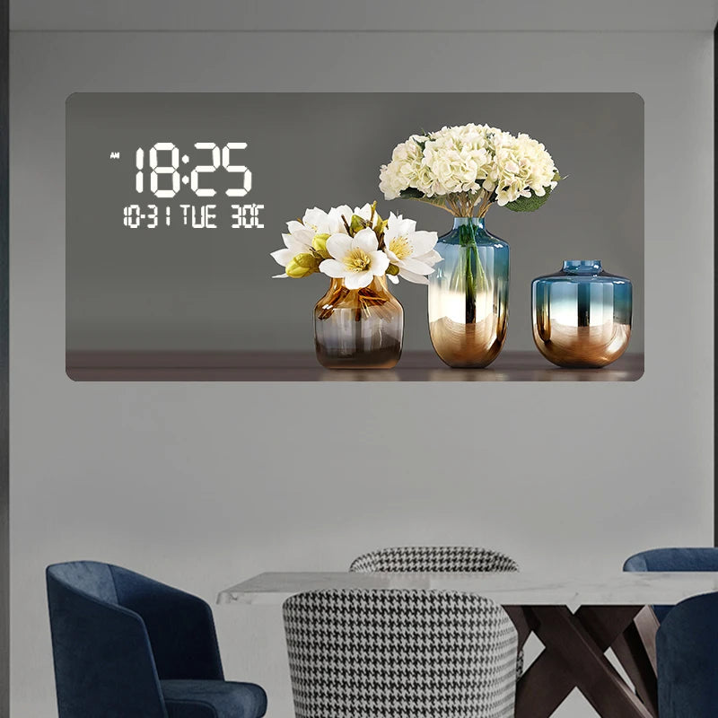 Large Size Flower Pattern Digital Wall Clock with LED Light,Creative Luxurious Muted Quartz Wall Clock for Home Decoration