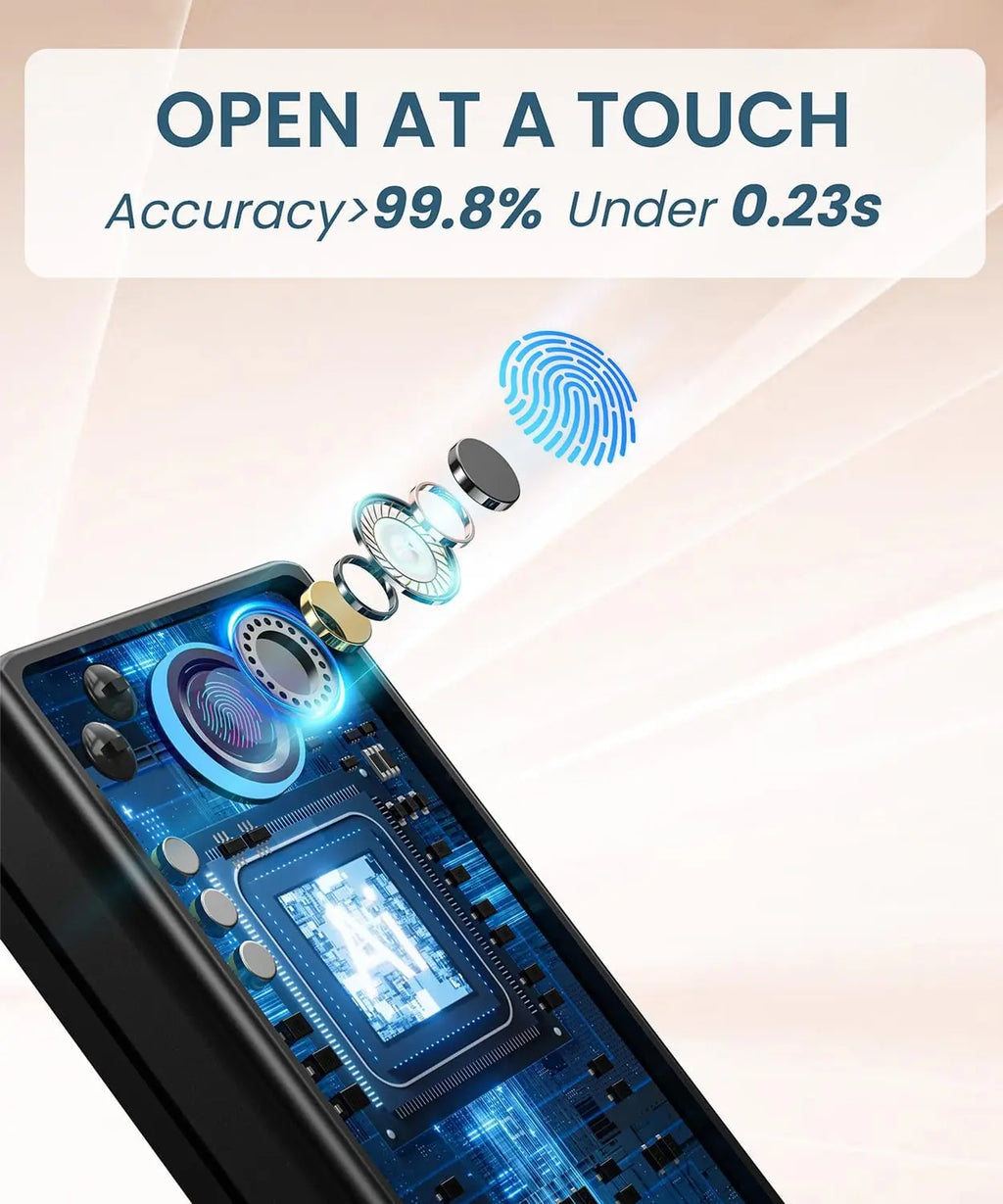 Fingerprint smart door lock with biometric sensor and electronic keypad, featuring high accuracy and fast operation.