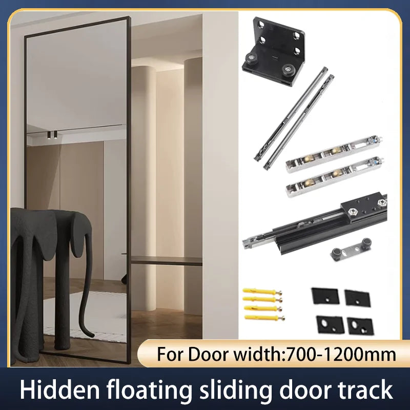 Hidden ghost door track hardware sliding kit for doors 700mm-1200mm, aluminum alloy, 80kg load bearing, shown with components and installed view.