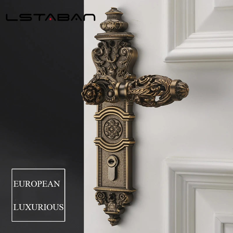 Premium brass door lock with European-style ornate detailing and antique finish mounted on a white door.