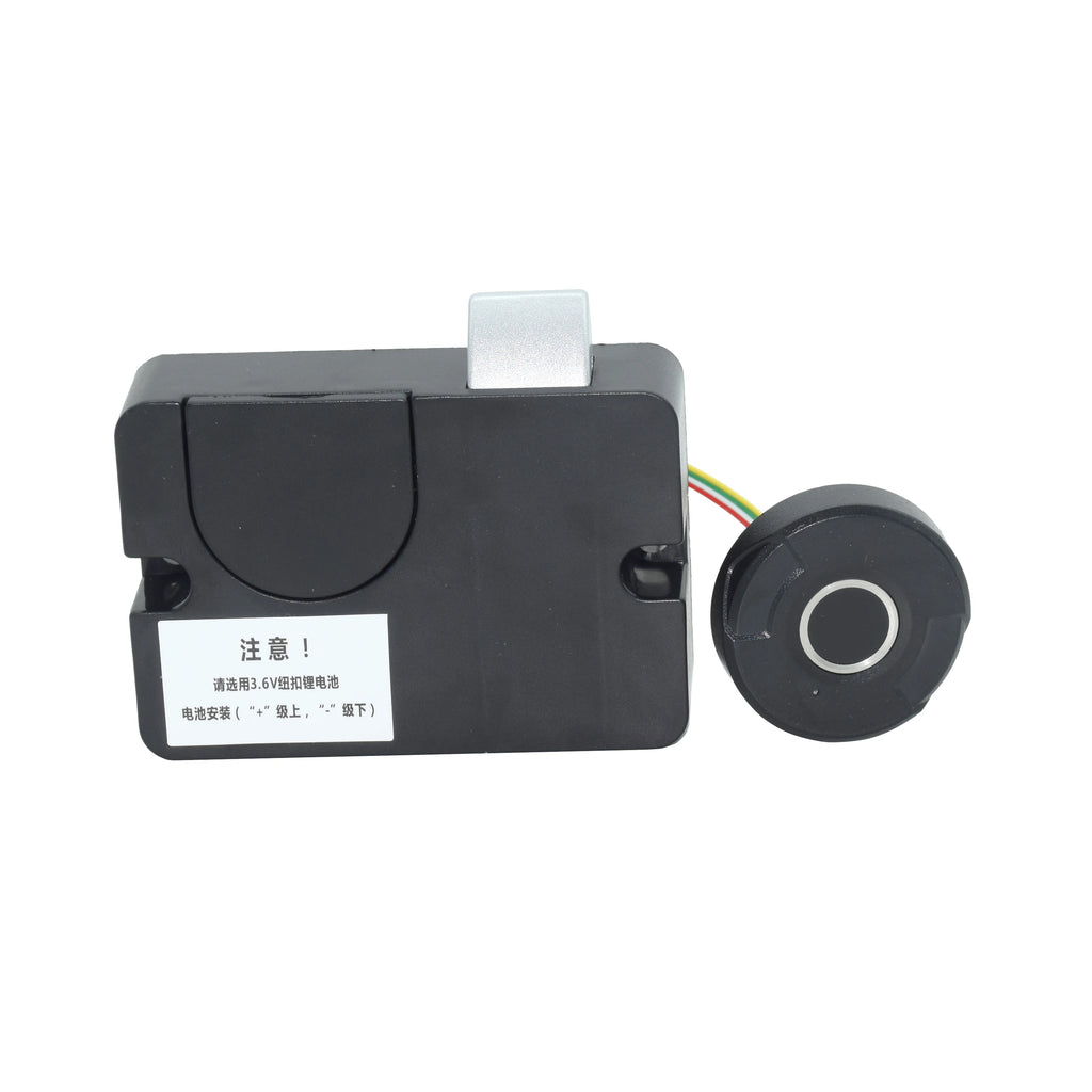 Keyless electric fingerprint cabinet drawer lock with black casing and silver latch.