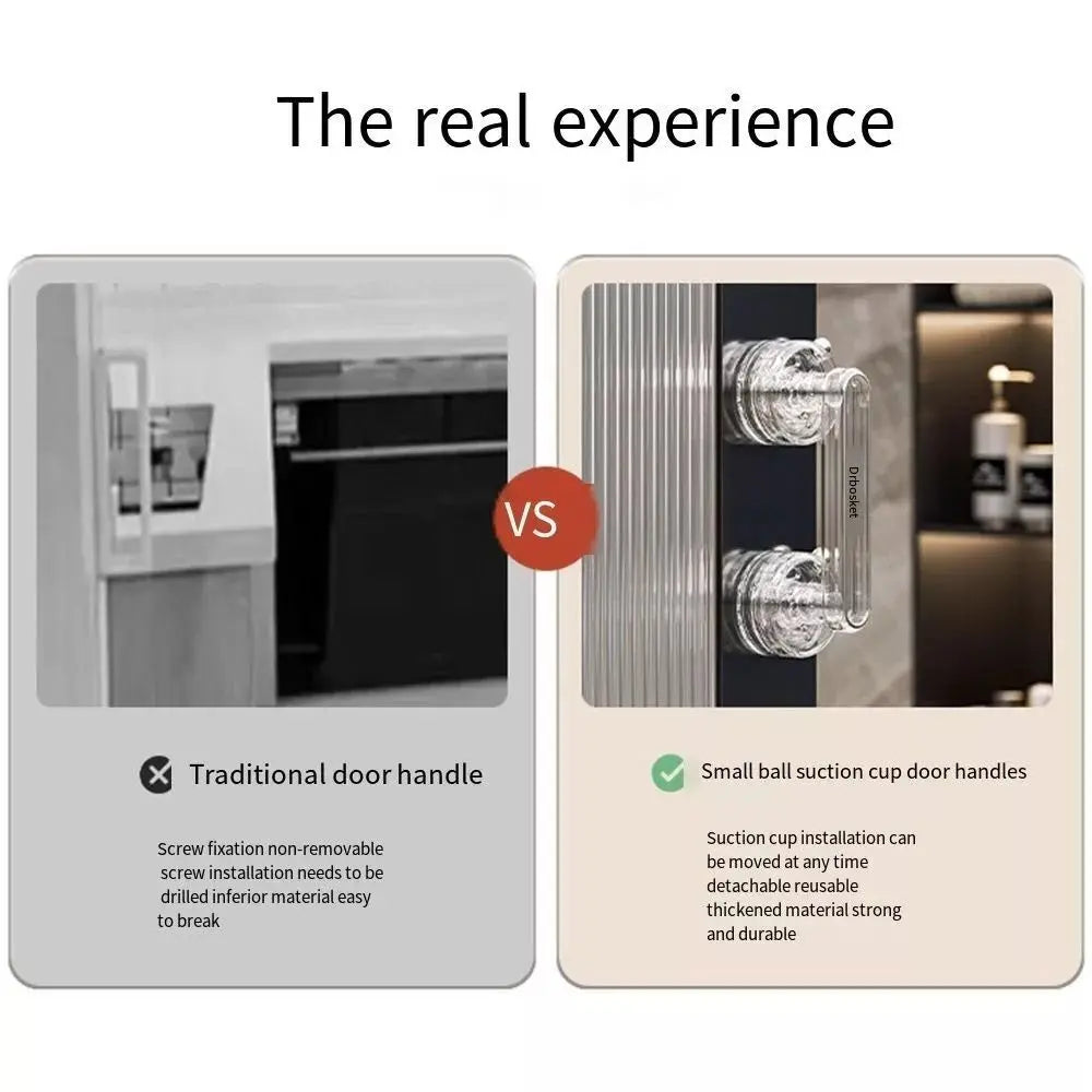 Comparison of traditional door handle and anti-slip suction cup door handle in a bathroom setting, highlighting ease of installation and durability.