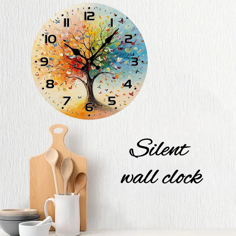 Colorful Life Tree Wooden Round Silent Hanging Wall Clock, Suitable For Living Room, Office, Study Room,Bedroom, Home Decoration